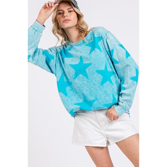 SAGE + FIG Mineral Wash Star Graphic Print Long Sleeves T-Shirt | Aqua Blue - Picture 6 of 6